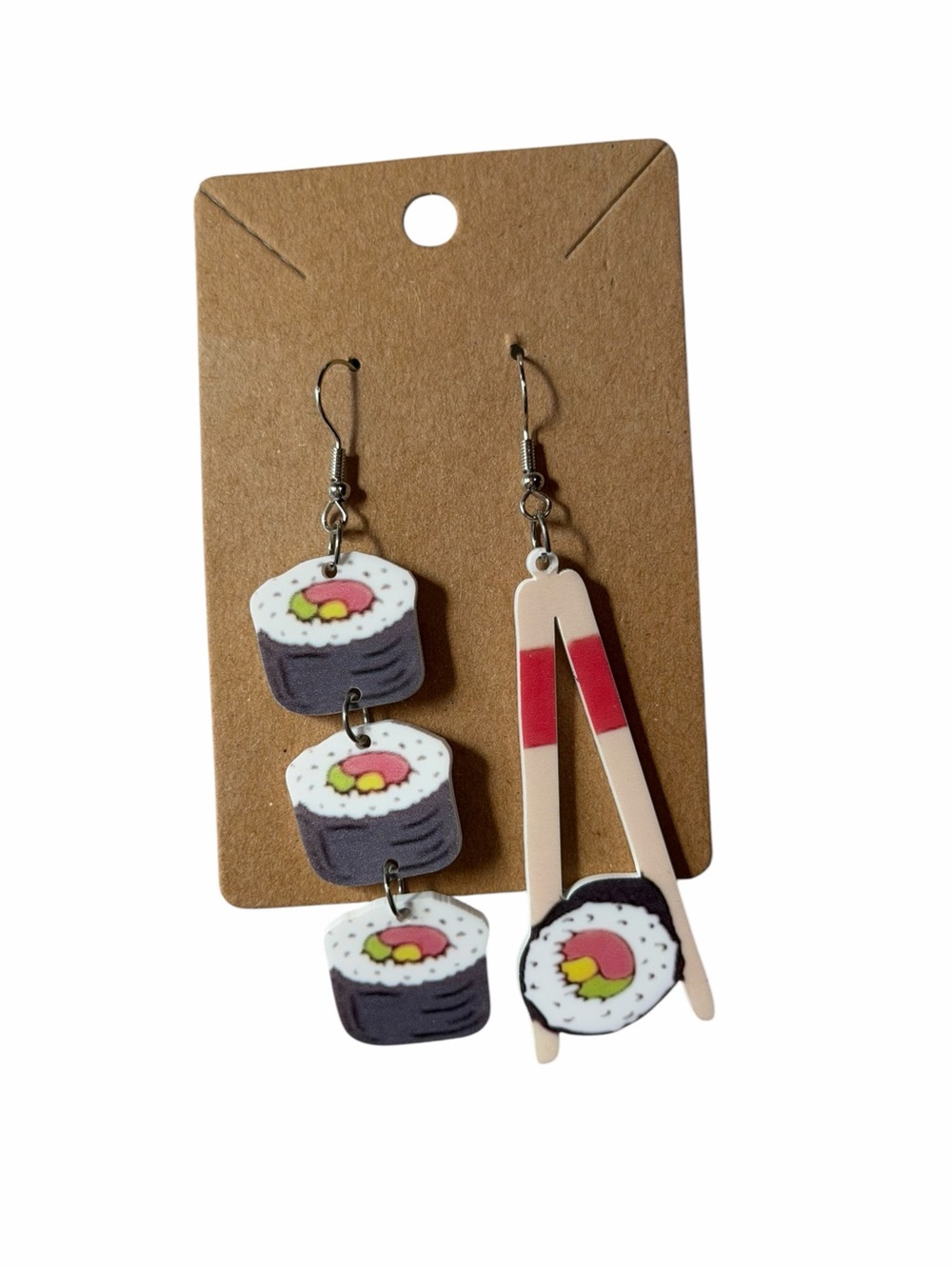 Novelty Sushi Dangle Earrings - Pink, Black & Cream